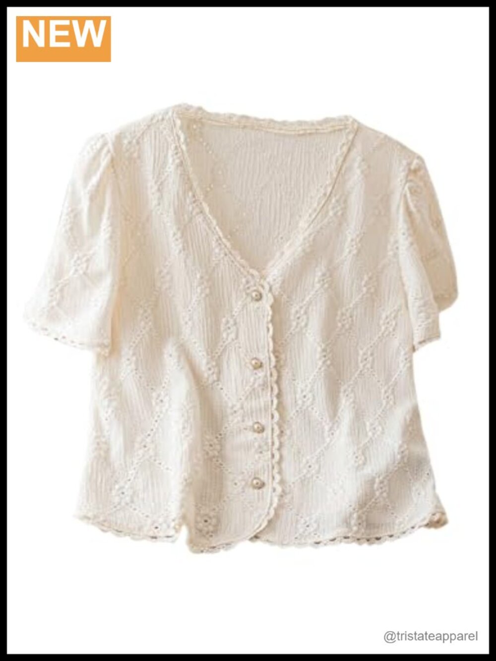 Women's Floral Embroidered Button Down Blouse V-Neck Puff Sleeve Frill Trim